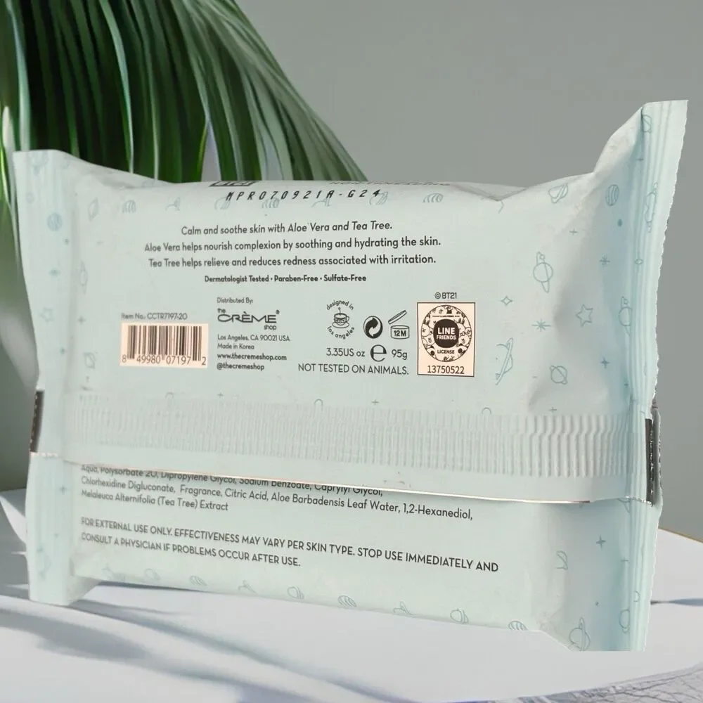 The Crème Shop BT21 RJ Pre-wet towelettes - Aloe Vera & Tea Tree (20) 2 pack
